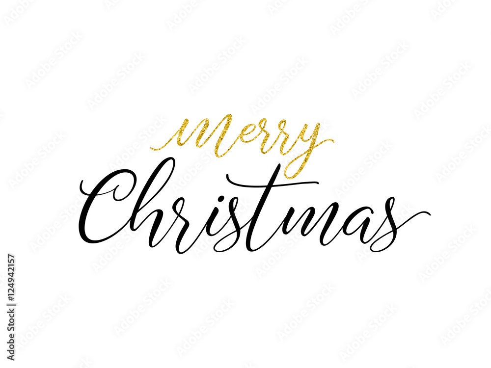 Merry Christmas greeting card. Typographic vector design, golden glitter lettering.