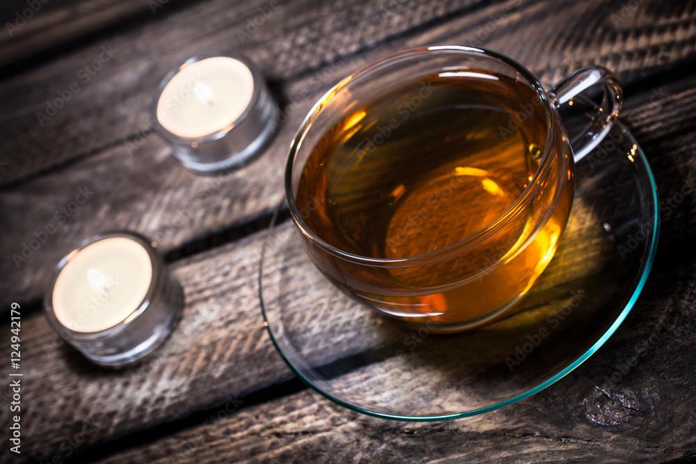 A Cup Of Tea With 2 Tealights On Old Wooden Floorboards A Cup Of Tea With 2 Tealights On Old Wooden Floorboards