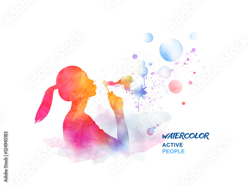 Watercolor girl blowing bubbles