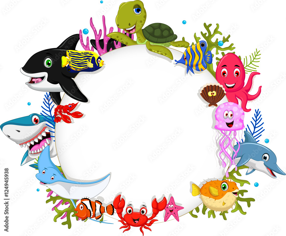 Fototapeta premium cartoon sea animals with blank sign for you design