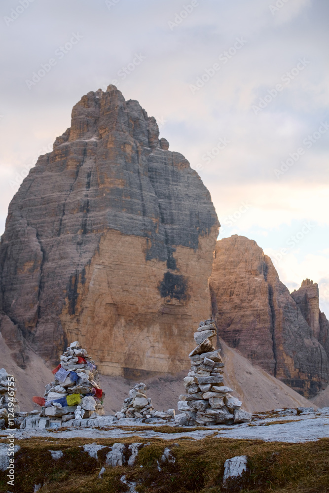Small rock cairn in Dolomites alps mountains