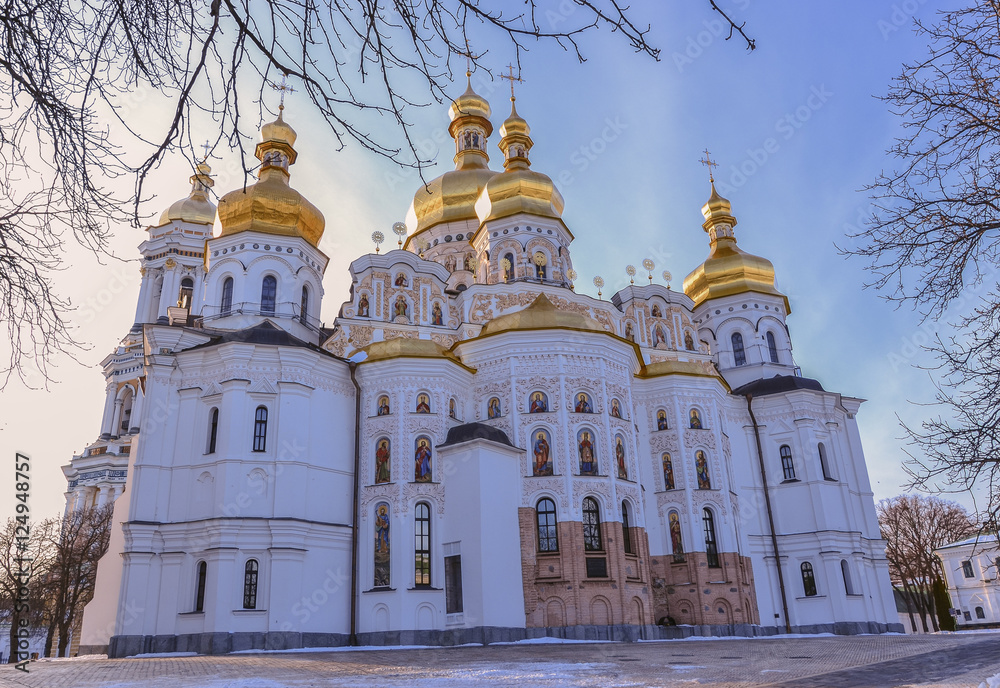 Dormition Cathedral of Kiev Pechersk Lavra Monastery and Great Lavra Bell Tower in winter