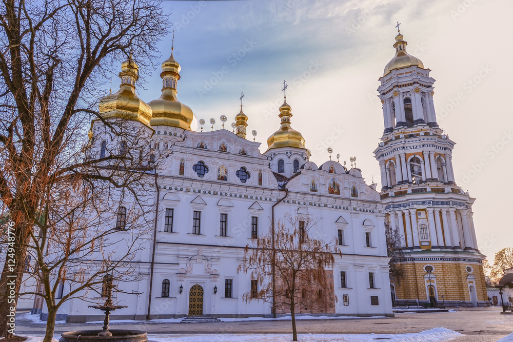 Dormition Cathedral of Kiev Pechersk Lavra Monastery and Great Lavra Bell Tower in winter