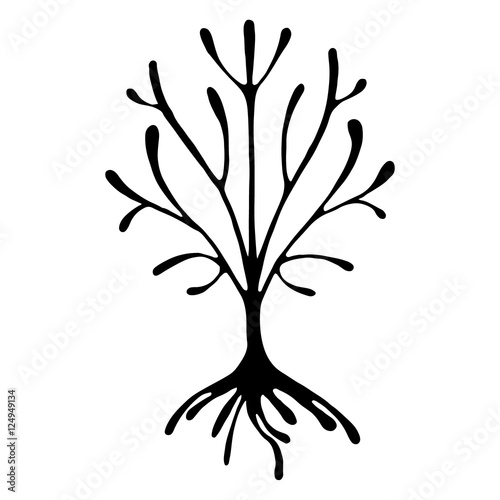 Vector hand drawn illustration, decorative ornamental stylized tree. Black and white graphic illustration isolated on the white background. Inc drawing silhouette. Decorative artistic ornamental wood