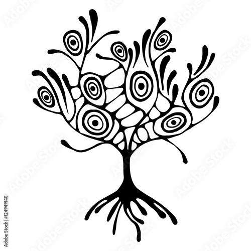 Vector hand drawn illustration, decorative ornamental stylized tree. Black and white graphic illustration isolated on the white background. Inc drawing silhouette. Decorative artistic ornamental wood