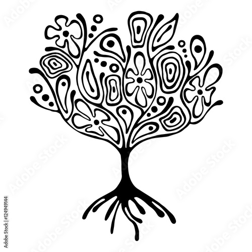 Vector hand drawn illustration, decorative ornamental stylized tree. Black and white graphic illustration isolated on the white background. Inc drawing silhouette. Decorative artistic ornamental wood