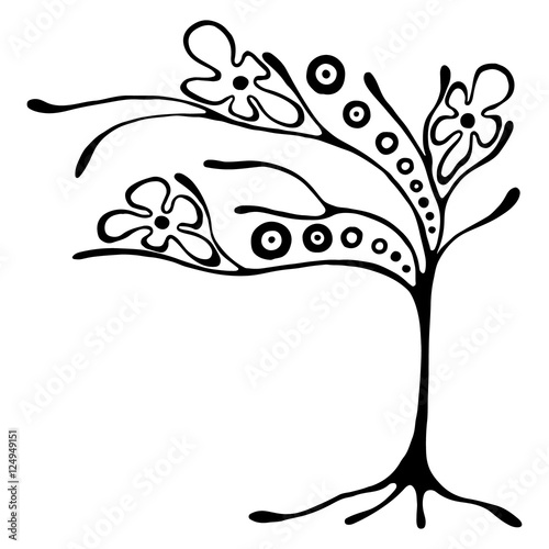Vector hand drawn illustration, decorative ornamental stylized tree. Black and white graphic illustration isolated on the white background. Inc drawing silhouette. Decorative artistic ornamental wood