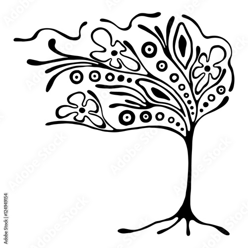 Vector hand drawn illustration, decorative ornamental stylized tree. Black and white graphic illustration isolated on the white background. Inc drawing silhouette. Decorative artistic ornamental wood
