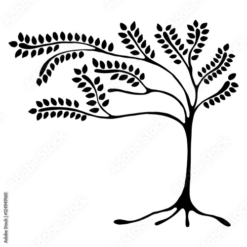 Vector hand drawn illustration, decorative ornamental stylized tree. Black and white graphic illustration isolated on the white background. Inc drawing silhouette. Decorative artistic ornamental wood