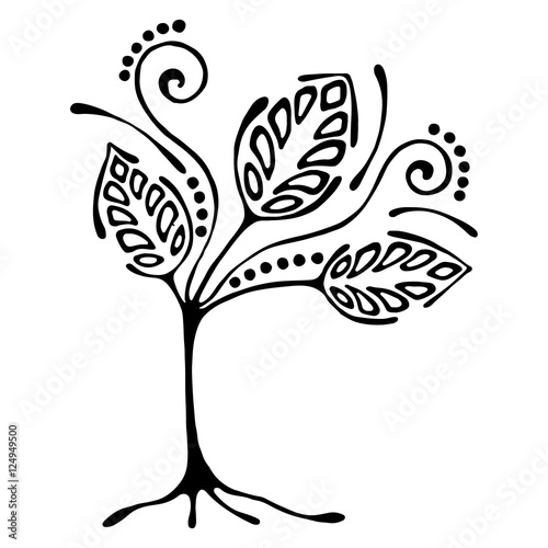 Vector hand drawn illustration, decorative ornamental stylized tree. Black and white graphic illustration isolated on the white background. Inc drawing silhouette. Decorative artistic ornamental wood
