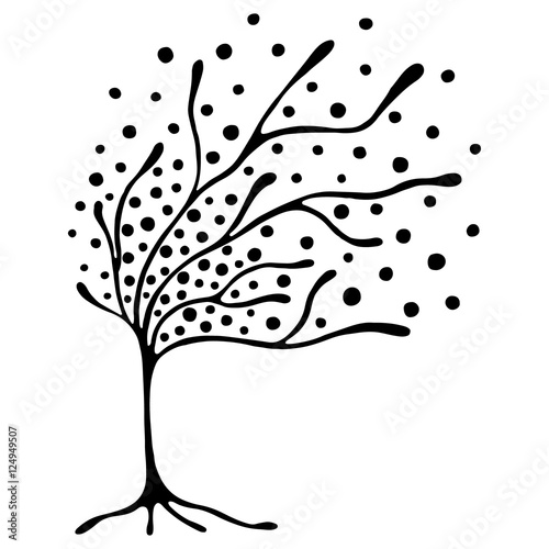 Vector hand drawn illustration, decorative ornamental stylized tree. Black and white graphic illustration isolated on the white background. Inc drawing silhouette. Decorative artistic ornamental wood