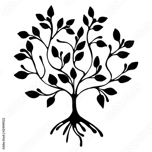 Vector hand drawn illustration, decorative ornamental stylized tree. Black and white graphic illustration isolated on the white background. Inc drawing silhouette. Decorative artistic ornamental wood
