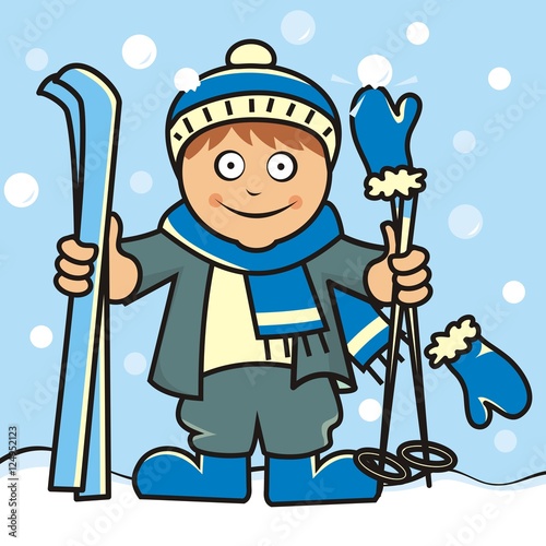 boy and ski, vector icon