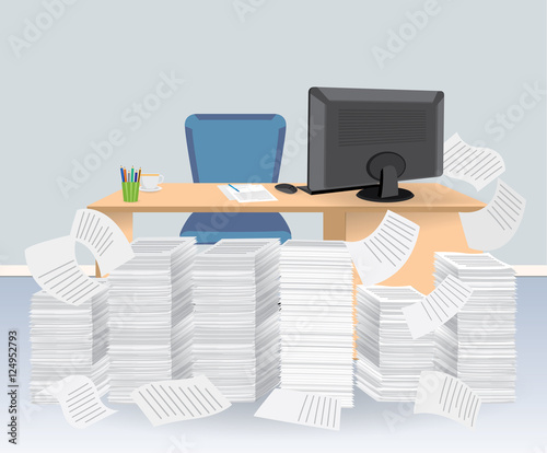 Computer desk with pile of papers, Business Concept, vector