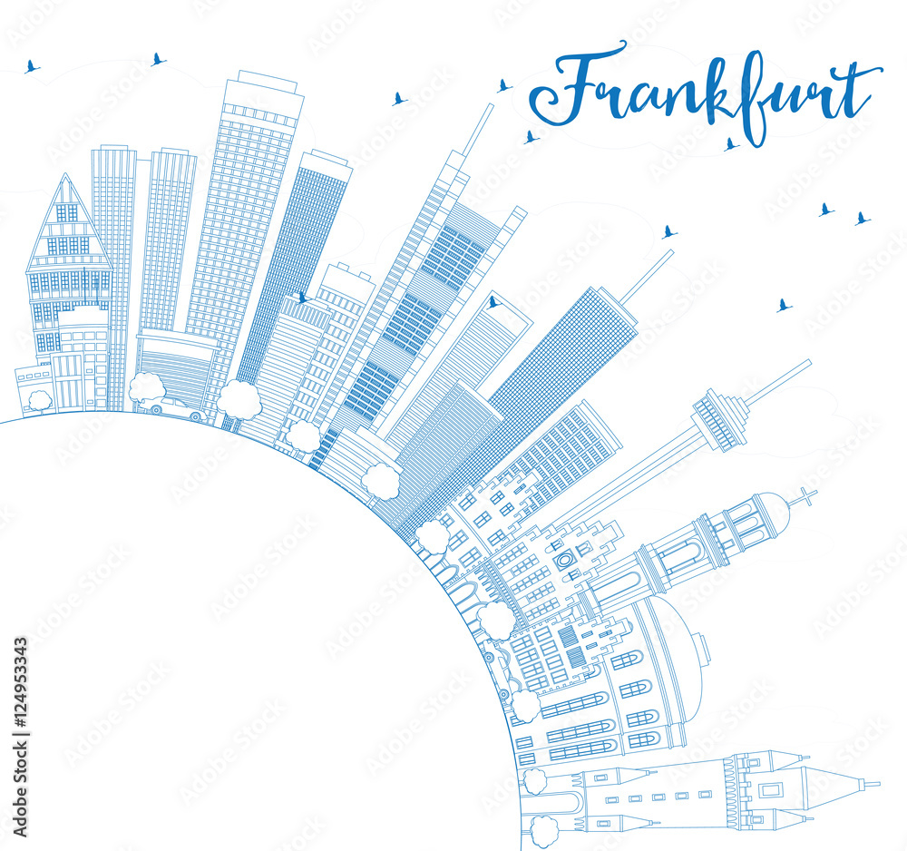 Outline Frankfurt Skyline with Blue Buildings and Copy Space.