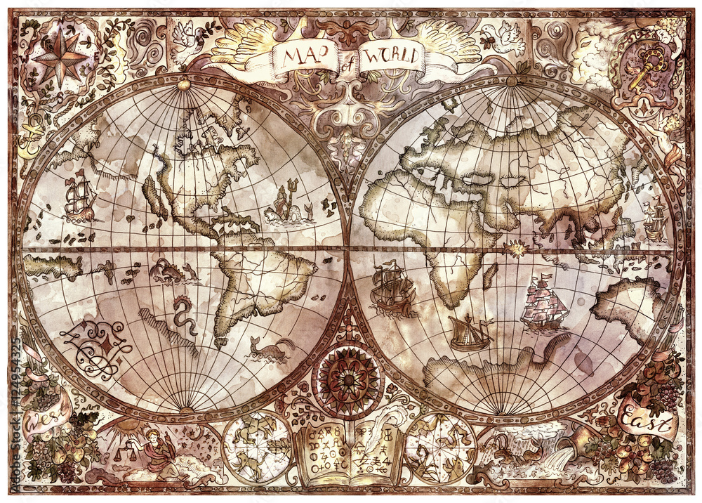 Vintage illustration with antique world atlas map