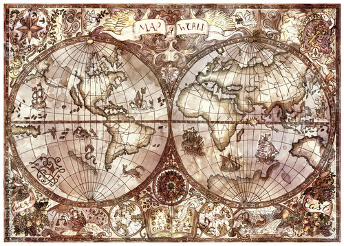 Vintage illustration with antique world atlas map