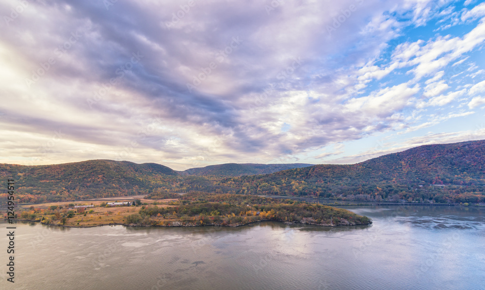 The Hudson river in New York State during the fall foliage season