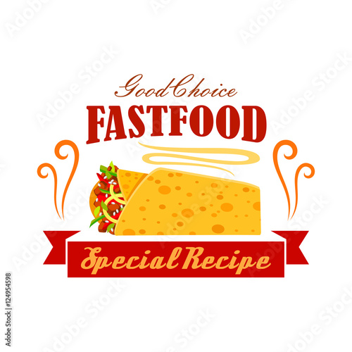 Fast food vegetable and meat burrito roll emblem
