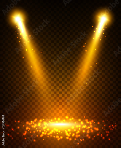 Gold spot light beams on stage