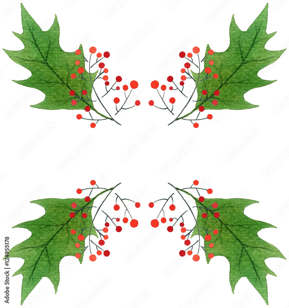 background with green Christmas holly leaves and berries.watercolor hand drawn pattern.