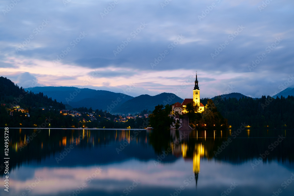 Bled with lake, island and mountains in background