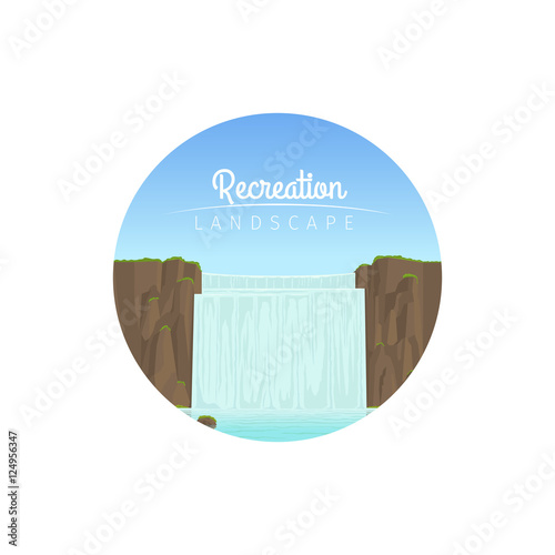 Recreation landscape circle waterfall icon on white background. Vector illustration