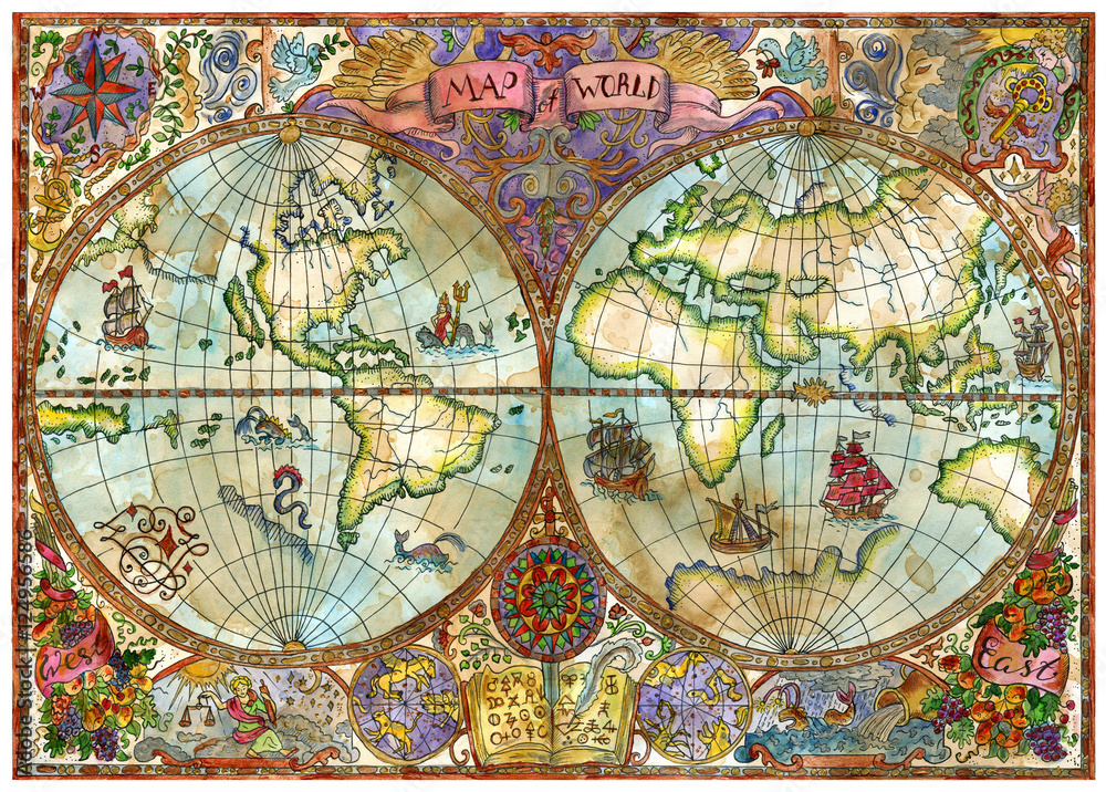 Fototapeta Vintage illustration with world atlas map on old paper