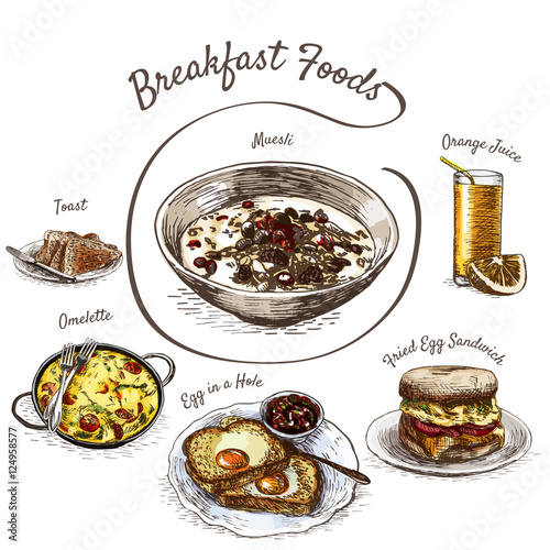 Colorful illustration of breakfast foods.
