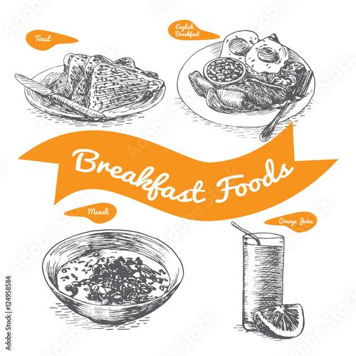 Illustration of various sorts breakfast foods.