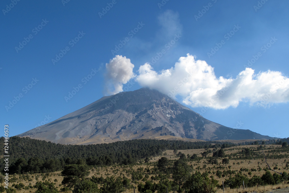 Active Popocatepetl volcano in Mexico, one of the highest mountains in the country