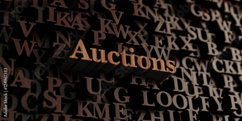 Auctions - Wooden 3D rendered letters/message. Can be used for an online banner ad or a print postcard.