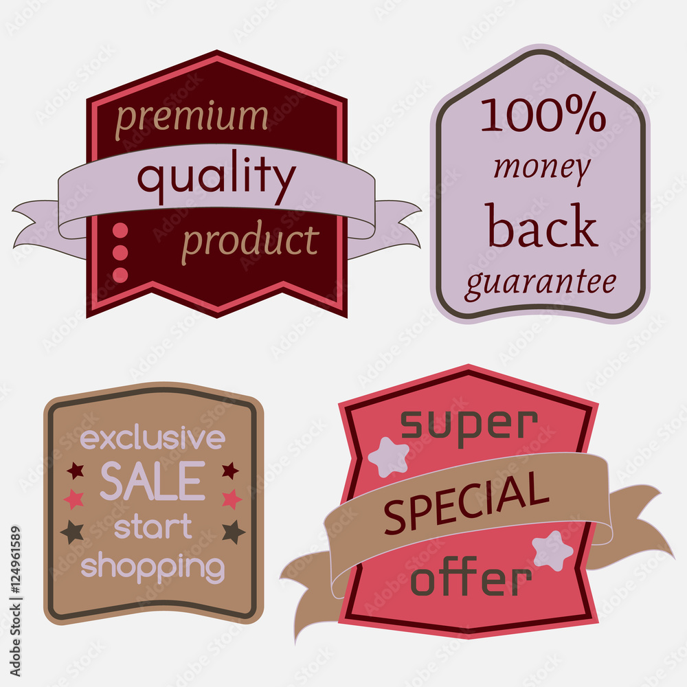 Set of Vector Badges with Ribbons. Web stickers and labels. Isolated vector illustration.
Set of Vector Badges with Ribbons. Web stickers and labels. Isolated vector illustration.