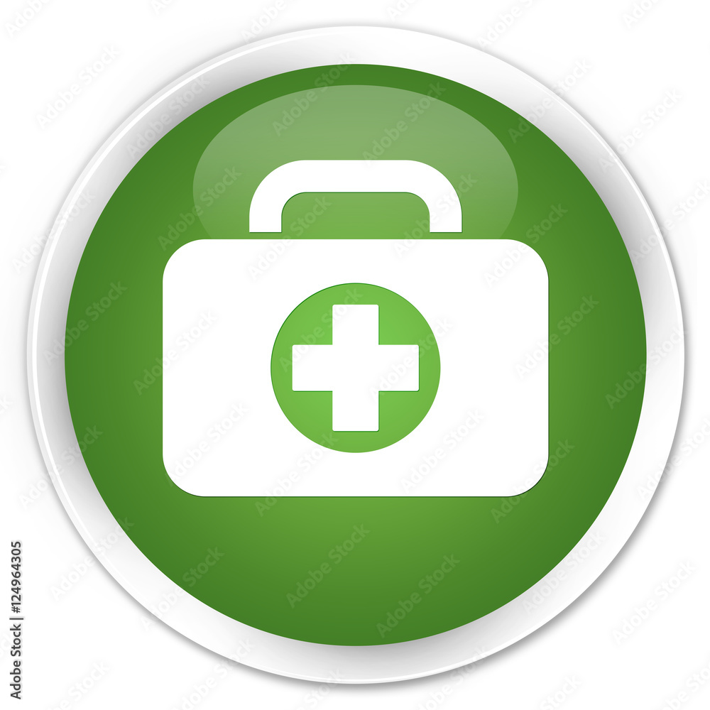 First aid kit bag icon soft green glossy round button First aid kit bag icon soft green glossy round button