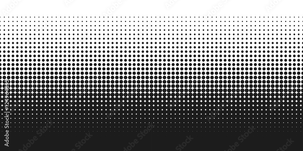 Dotted gradient vector pattern illustration, white and black halftone polka background graphic, horizontal seamless circle dotted lines, monochrome dots texture backdrop, retro popart effect half tone