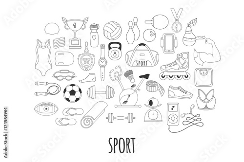 Hand drawn vector fitness and sport doodle icons set