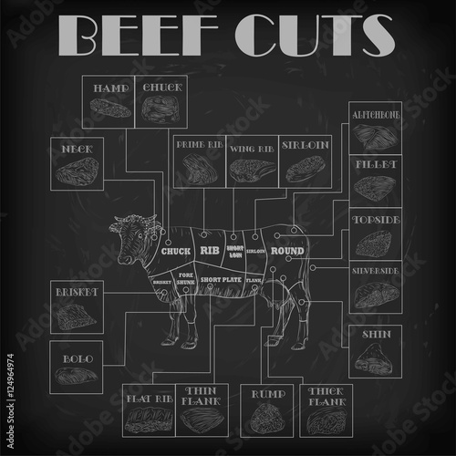 Beef cow bull whole carcass cuts cut parts infographics scheme sign signboard poster butchers guide: neck chunk, brisket fillet rump. Vector beautiful horizontal closeup white outline black background