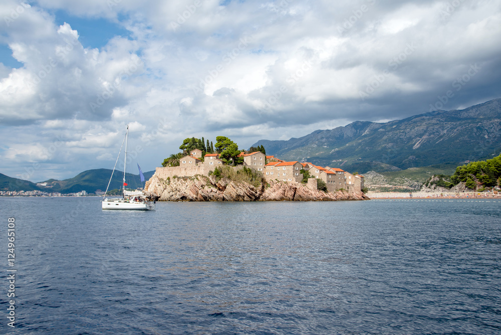 view from the sea to the island of Sveti Stefan in Montenegro