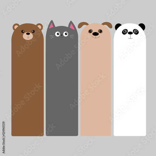 Animal head set. Cartoon kawaii baby bear, cat, dog, panda. Bookmark paper sticker collection. Flat design. Gray background.