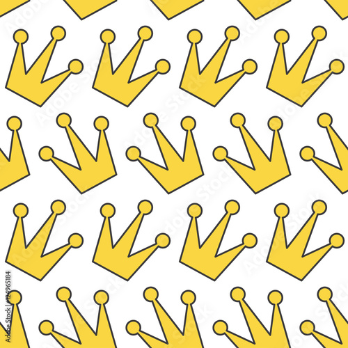 Seamless Pattern. Gold yellow contour crown icon. King, queen, princess accessory. Wrapping paper, textile template. White background. Flat design.