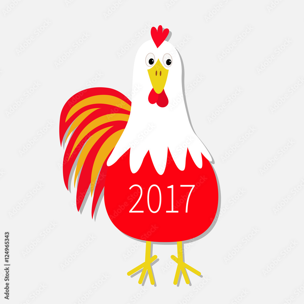 Red Rooster Cock bird. New Year text symbol Chinese calendar. Cute
