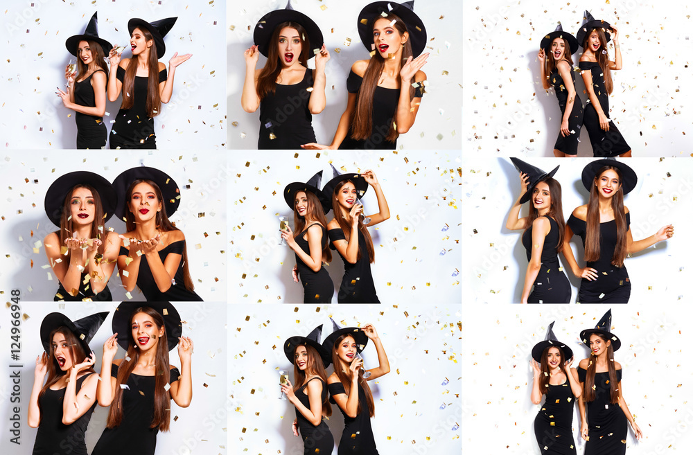 Collage of two happy young women in black witch halloween costumes on party over white background. firecrackers in the background. confetti .the concept of Halloween . funny faces. fashion female 
