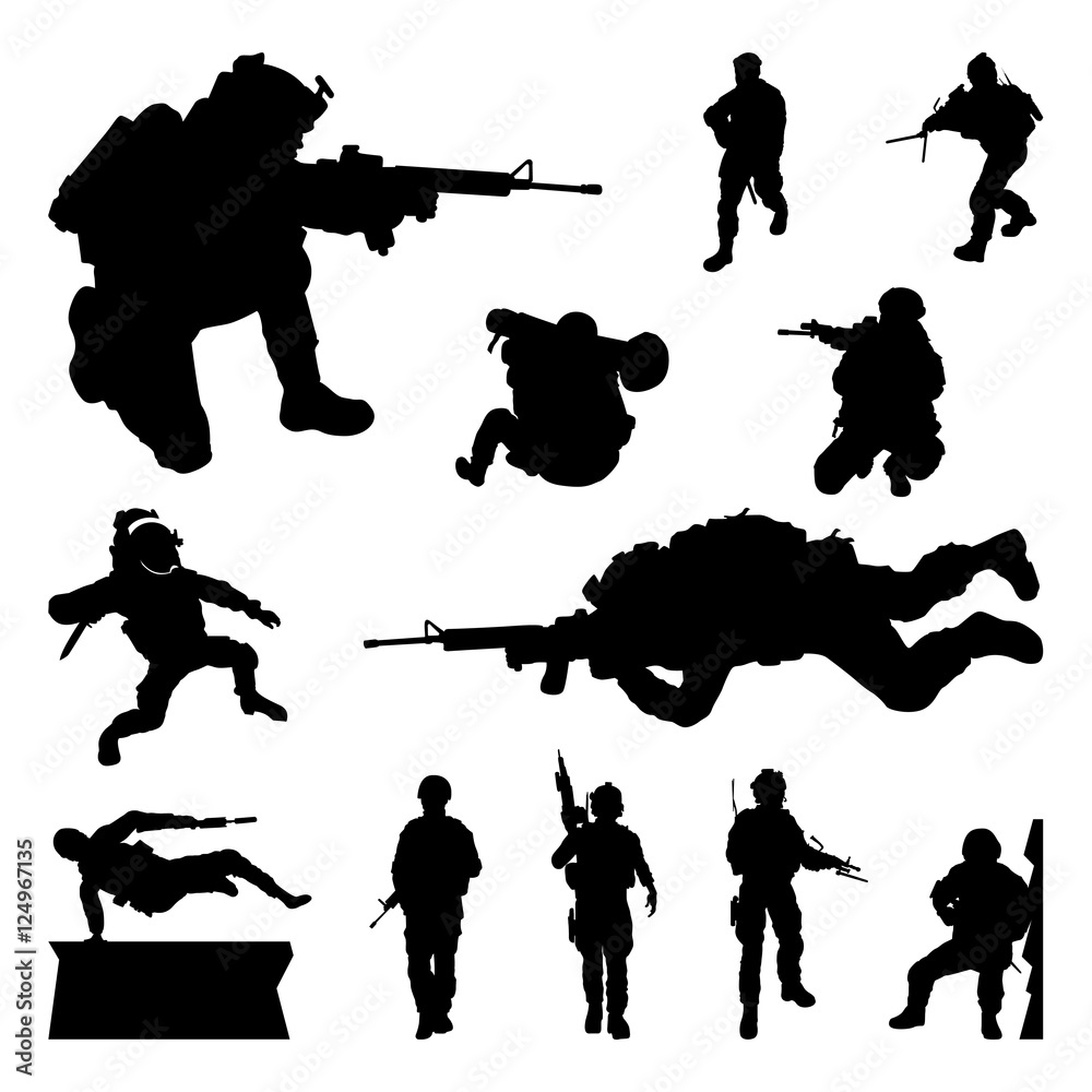 Soldier Military War Training for Mission - Silhouette Set Stock Vector ...
