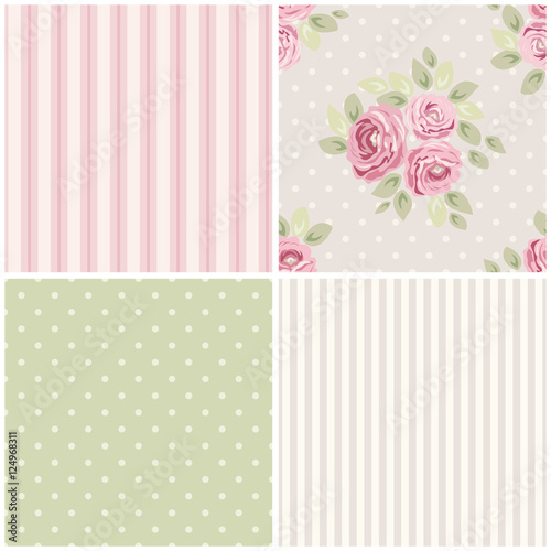 Set of cute seamless Shabby Chic patterns with roses, polka dot and striped, ideal for kitchen textile or bed linen fabric or interior wallpaper design, can be used for scrap booking paper etc
