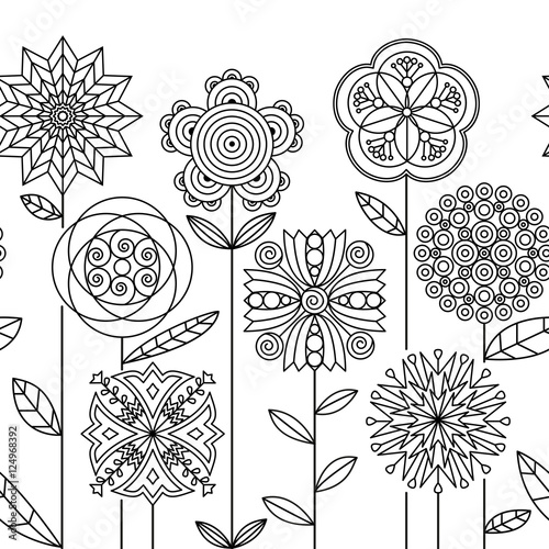 Seamless doodle botanical border pattern. Flower coloring book pages for adults & children. 