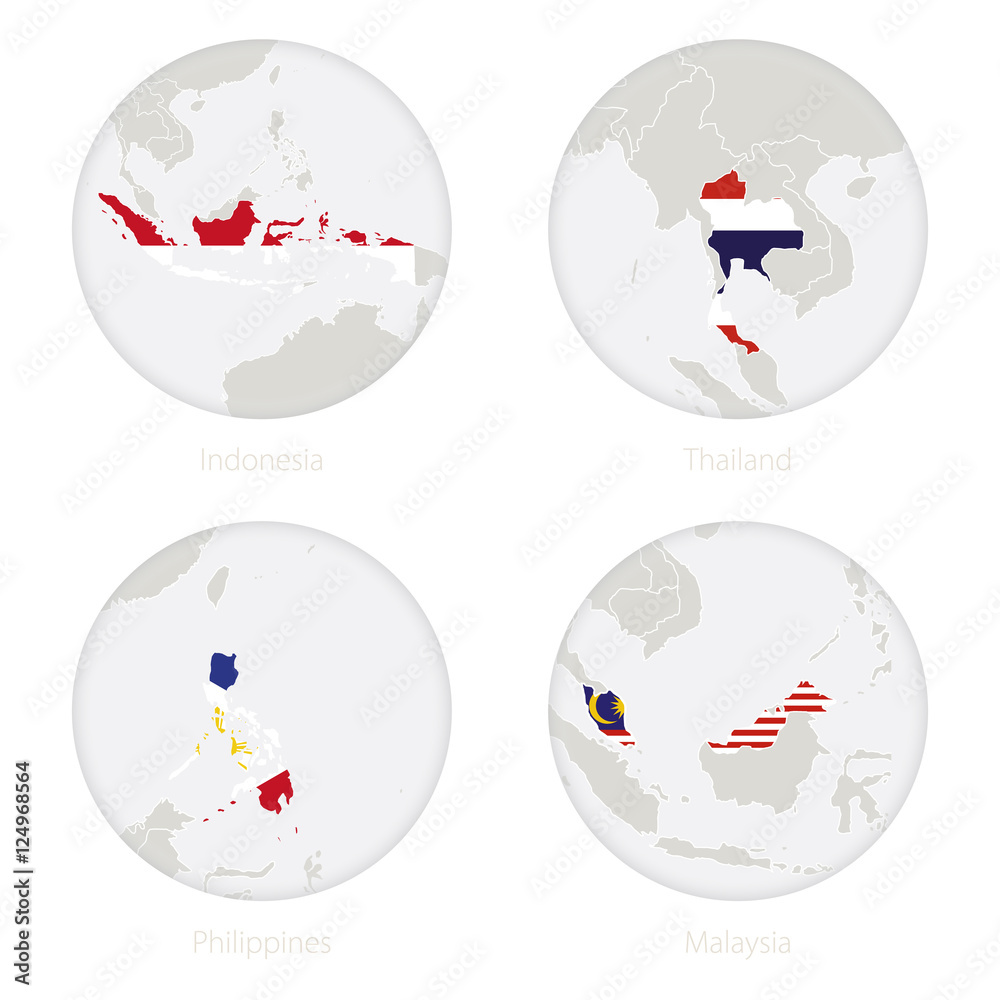 Thailand And Indonesia Map Indonesia, Thailand, Philippines, Malaysia Map Contour And National Flag In  A Circle. Vector Illustration. Stock Vector | Adobe Stock