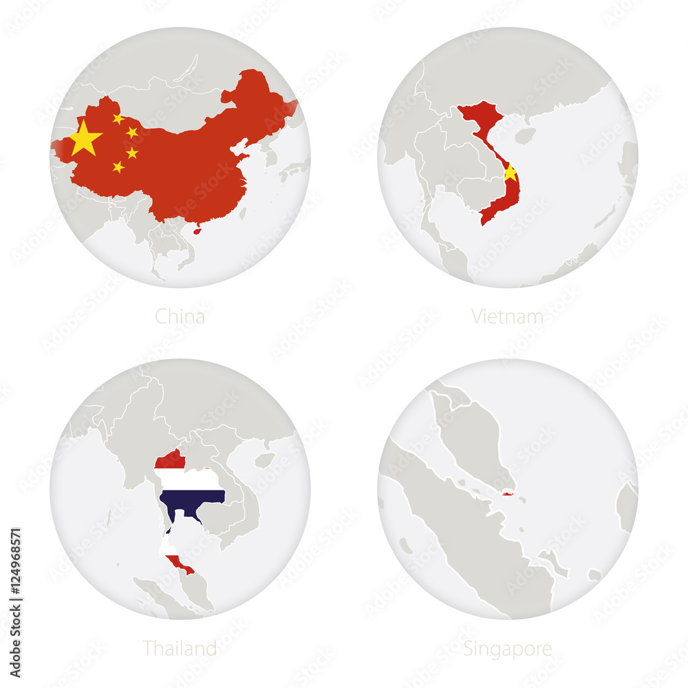 China Vietnam Thailand Singapore Map Contour And National Flag In A china-vietnam-thailand-singapore-map-contour-and-national-flag-in-a