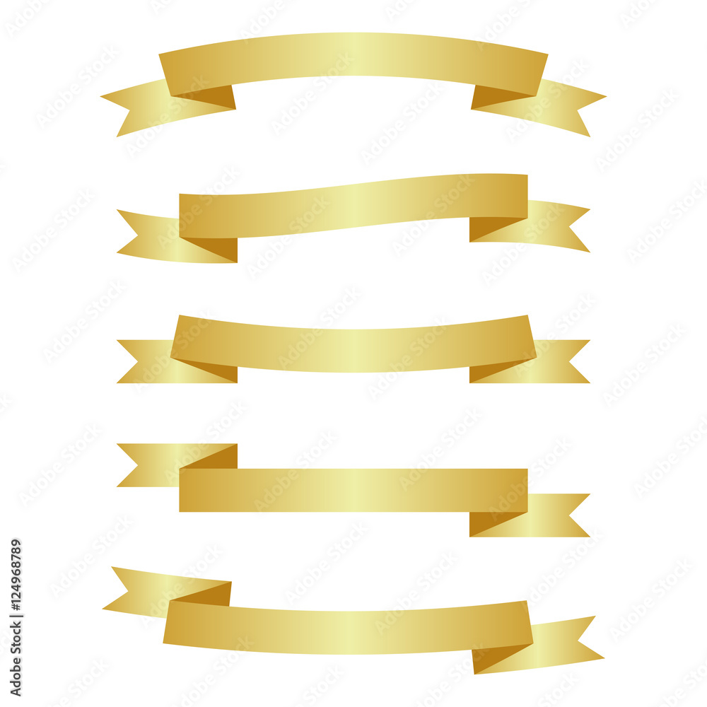 Golden ribbons set, isolated on white background. Vector illustration