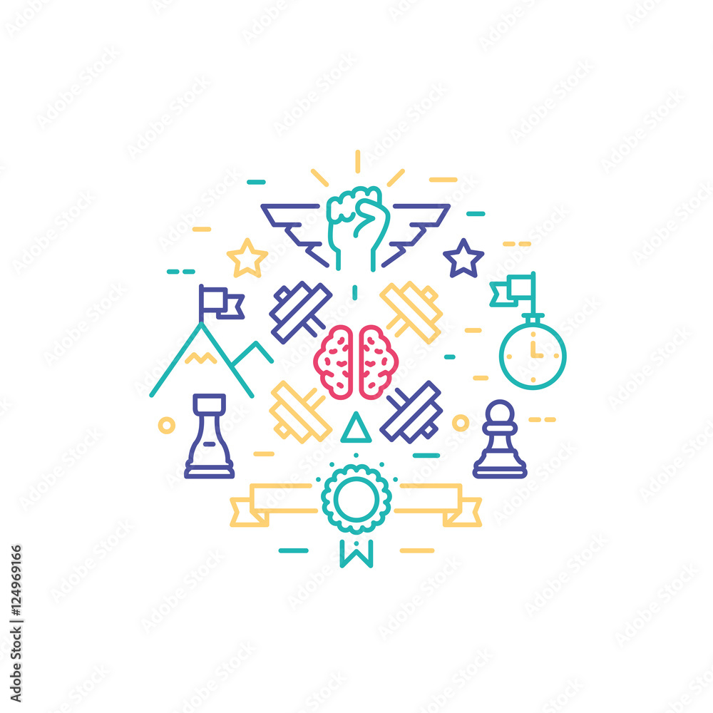 Vector thin line design of personal brain training workflow, striving for success, self development progress, human strategy solution. Modern vector illustration concept, isolated on white background Vector thin line design of personal brain training workflow, striving for success, self development progress, human strategy solution. Modern vector illustration concept, isolated on white background