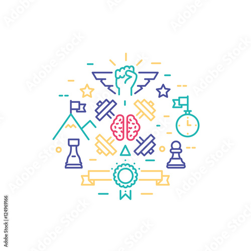 Vector thin line design of personal brain training workflow, striving for success, self development progress, human strategy solution. Modern vector illustration concept, isolated on white background
